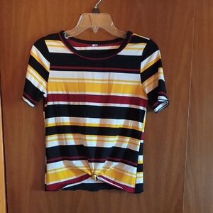 Striped Knot Front Tee in Black, Yellow, and White